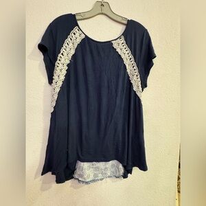 Rewind Navy Blue Top with White Lace Accents